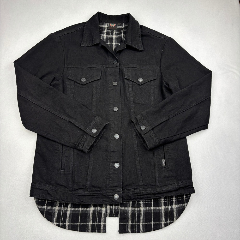 Girl Scouts Jacket Womens Small Black Denim Plaid Flannel Hem Layered Trucker